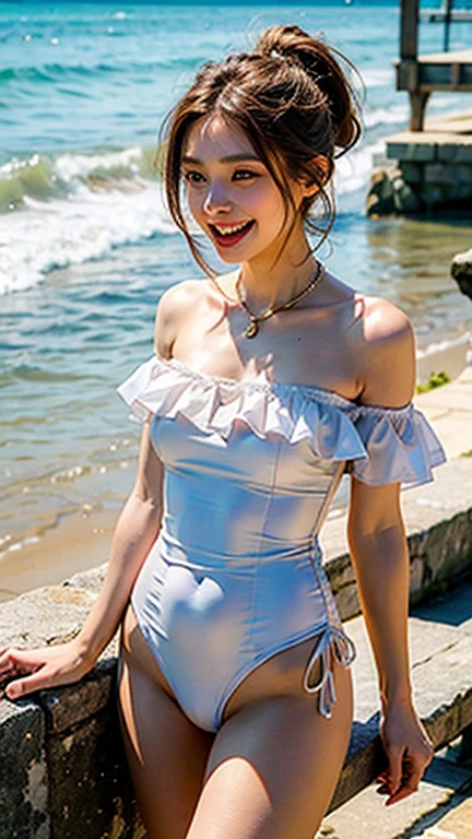 watercolor sketch, color, John Singer Sargent painting. Young beauty wearing ((vintage bathing suit:1.3)). ((victorian style:1.3)). beach vacation