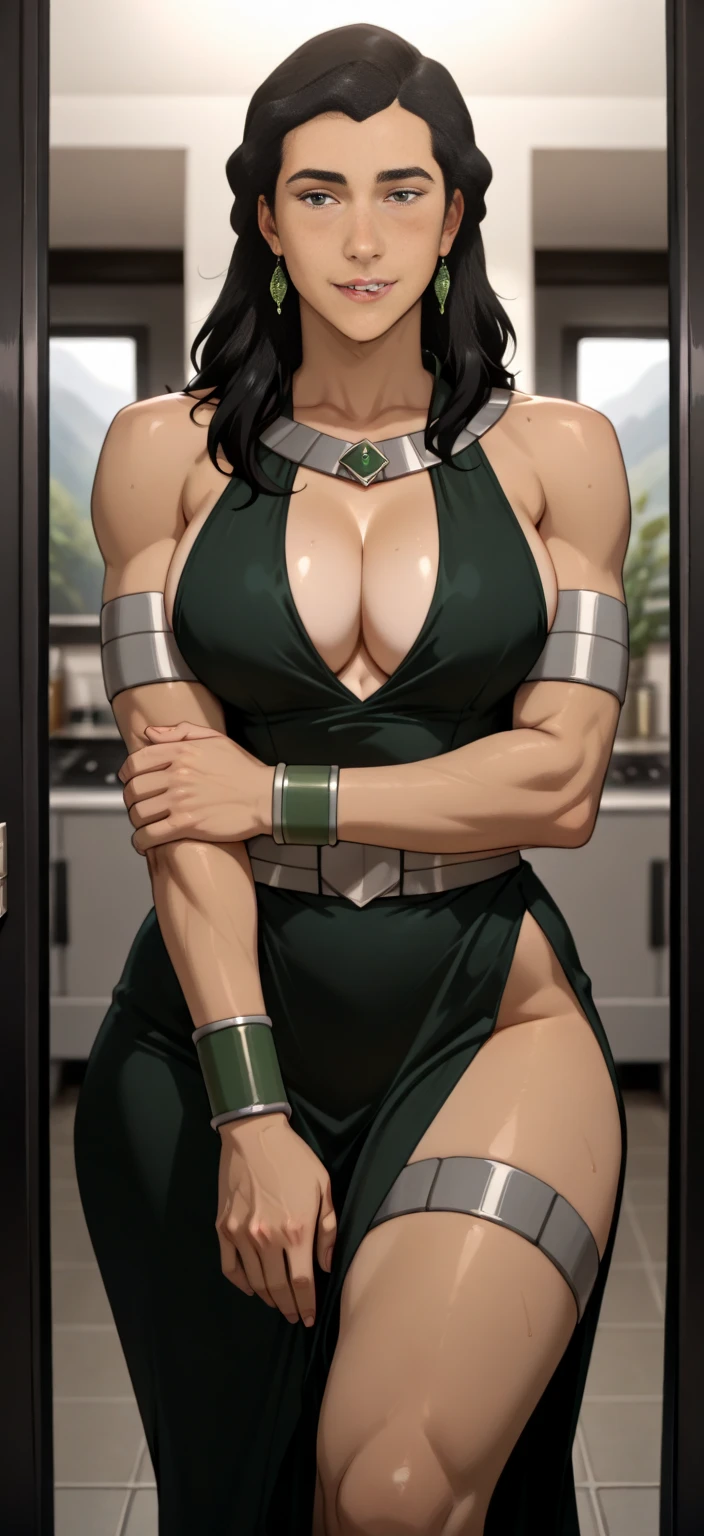 masterpiece,Palutena_Kid Icarus ,best quality,Palutena dress, (gigantic breasts:1.3),(muscle:1.5),in dungeon, looking at viewer, cowboy shot,green hair, curvy, bule eyes,a female tyrant with a penchant for torture,fog,drenched in sweat,pink cheeks,shiny suit ,smile, white teeth,gloomy light,balanced eyes,The two hands are interlaced in front of the chest,plump body,jewelry, golden laurel wreath
