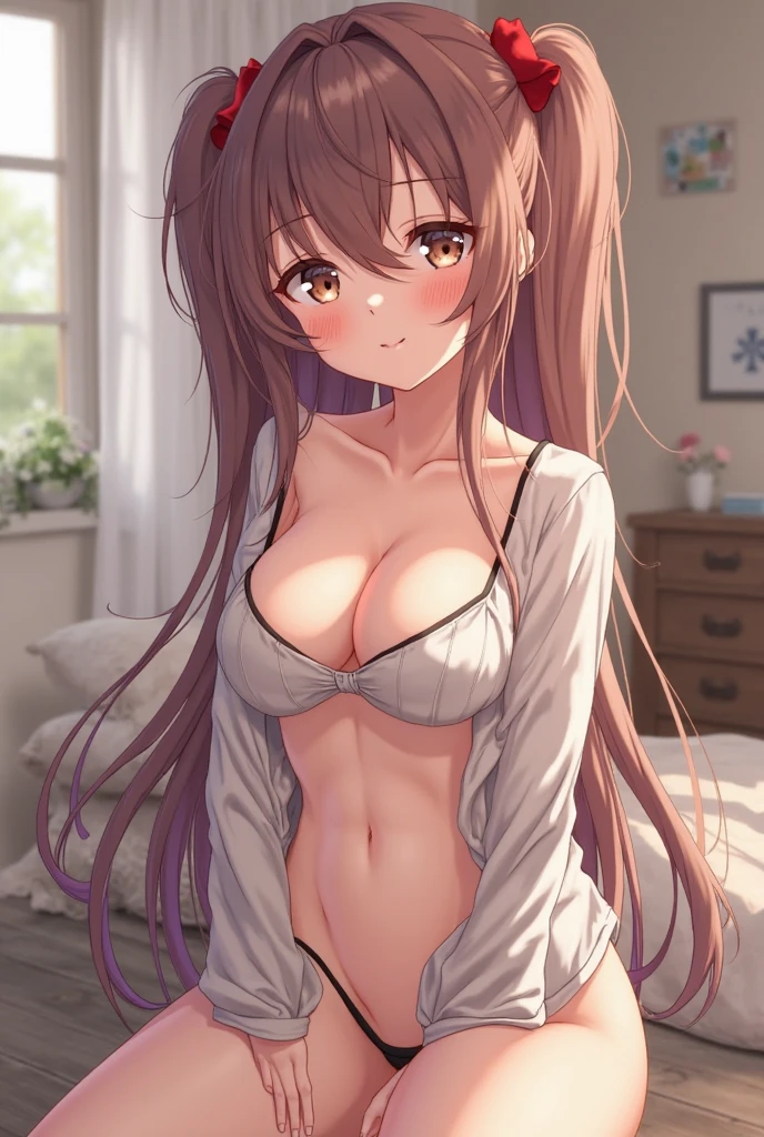 Highest quality, Super Resolution, 8K, Delicate depiction, masterpiece, chibichara, too young girl, Cute, One beautiful junior high school girl, Young face, cute, Lustrous brown hair, Small breasts, (Small breasts:1.4), Bedroom, Uncontrollable sexual desire, Erotic, Being sexually aroused, Lifting her shirt to show her nipples, Tears in my eyes, She shows her nipples, I only show my breasts to you, The nipples and areola are pale pink., Very embarrassed, I&#39;m ready to give my virginity to you, I want you to touch my pussy, Get on one knee, The school uniform is messy, There is pussy juice on the panties I took off, Immoral Eros, Make a man crazy, Dynamic Angle, 