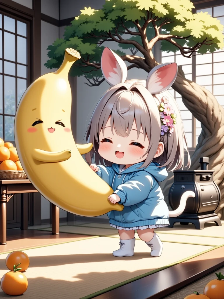 chibi-anime, intricated illustration, dramatic scene, shadow, (chibi), there are 1 girl\(a sleepy little character, silver short haired, wearing a knee-length blue wide-fit hoodie, wearing rabbit ears, with eyes tightly closed, a weak expression, white socks\) and cute banana character( cute animated chibi character of a banana, simplified banana character, simple smiled face, detailed adorable detailed eyes, meowing, slightly looks like a giant fat cat\), a cute chibi girl is dancing with the banana character), (on the bonsai tree in the traditional Japanese room), (Japanese antique table, piles of mandarin oranges are in a basket on the table, on Tatami floor, antique oil stove, Japanese antique furnishings with flower decorations), (huge Bonsai with flower decoration), gentle sunlight, they looks so happy,