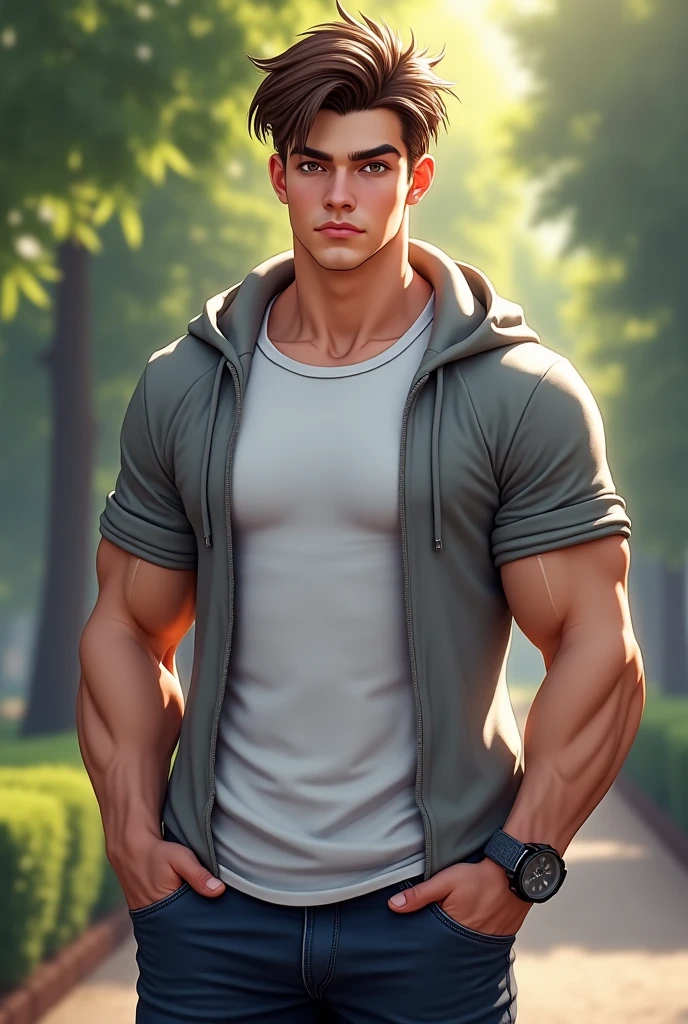 Masterpiece,stunning realistic, best quality, sharpness, 1 boy,menschlicher stein,muscular,standing in a garden,(grey skin:1),human rock,stone as human,human stone,