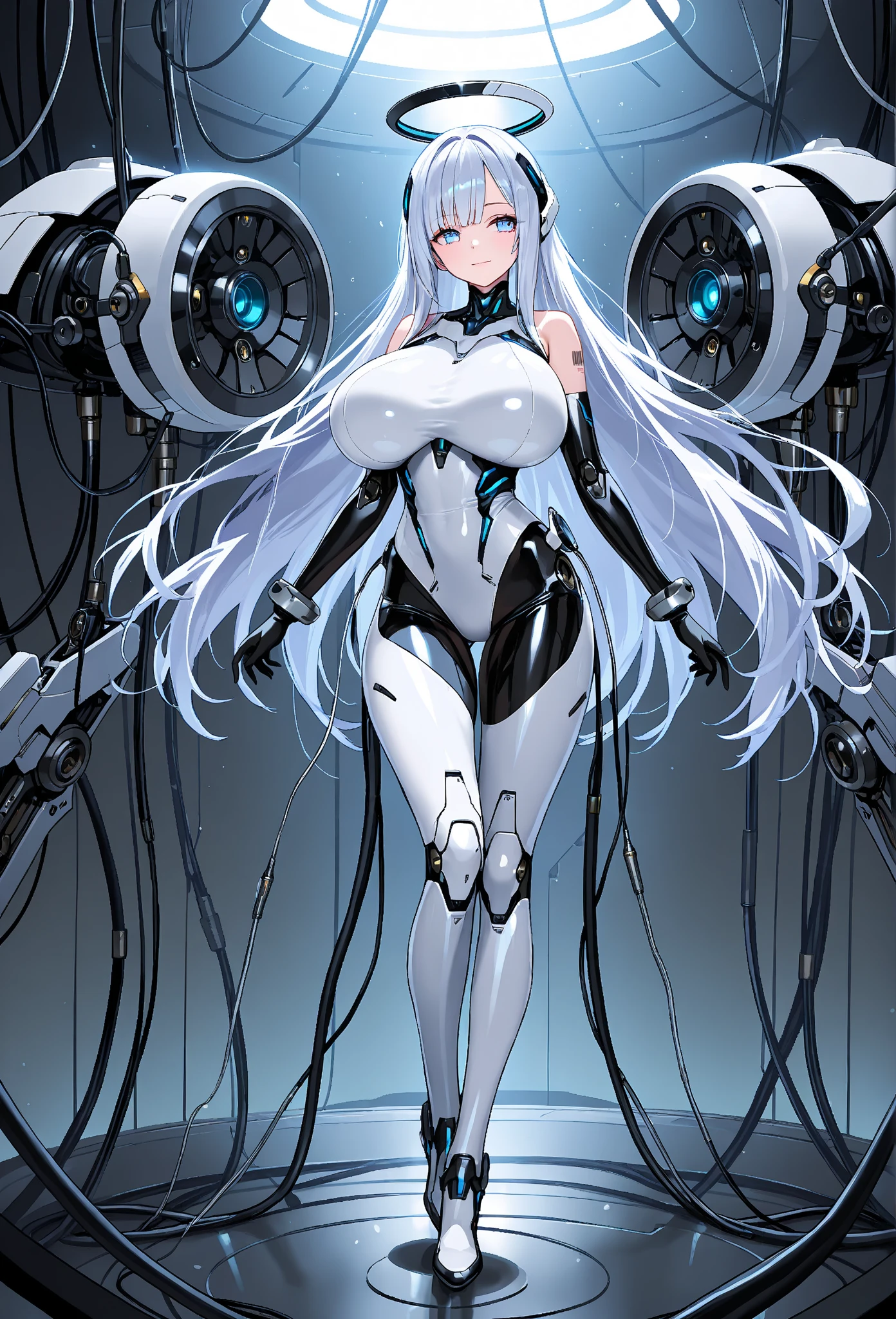 (((Masterpiece)))), (((highest quality)))), ((Ultra Definition)), (Very Detailed Photoreality), ((Very Delicate and Beautiful)), (Delicate and Pretty Face), Cinematic Light, (((1 Girl)), Solo, Full Body, Big, Cleavage Is Visible Skin, White Hair, Purple Eyes, Glowing Eyes, Thighs Exposed Skin, (Mechanical Joints: 1.4), (Mechanical Limbs)), ( blood vessels connected to tubes), (((vertebrae of machines attached to the back)), ((cervical vertebrae of machines) attached to the neck)), (((sitting)), expressionless, (wires and cables attached to the head and body: 1.5), (character focus), small LED lamps on the body, Evangelion, SF, metal, metallic body, detailed neon, hydraulic cylinder