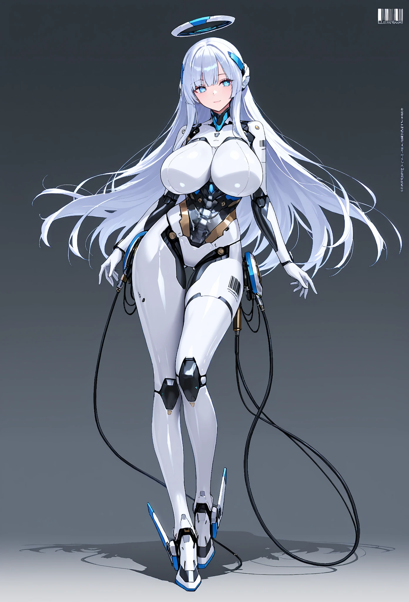 Humanoid robot, sex bot, gray body, big , sexy, thick hips, slim waist, shortstack, white hair, Robotic feet, robotic arms, Robot Skin, Android Skin, High heels, black parts, blue eyes, blue energy,