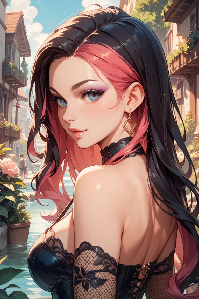Obra-prima, melhor qualidade, dia, ao ar livre, em um escola, celebrando, 1 mulher, solo, mulher madura, madura, Chinese Style, Sister, royal sister, feliz, sorrindo, mulher de cabelos curtos , olhos azuis cinzentos, light pink lips, princesa, cabelo rosa, corpo inteiro, magra, bonita, delicada, uma fita vermelha no cabelo, corpo inteiro, magia, castelo