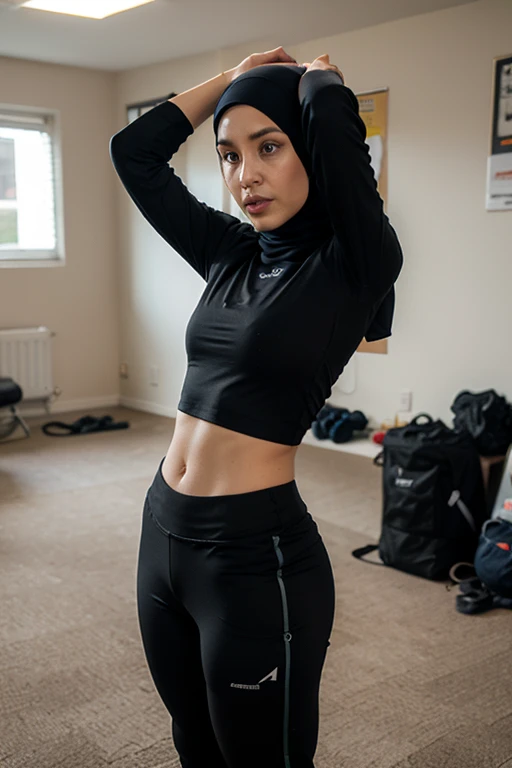 Jane, a 20-year-old girl dressed in a fashionable and stylish ensemble that combines traditional modesty with contemporary flair. She is wearing a black hijab that covers her head and hair, neatly folded into a triangle at the back and secured with a jeweled hairpin. Her face is partially hidden behind a pair of oversized black sunglasses, reflecting her confident and carefree personality. Her body is adorned in form-fitting attire, beginning with a tight-fitting black tank top that hugs her curves and ends just above her midriff. Beneath the tank top, she sports a pair of skinny black leggings that cling to her legs, accentuating her toned and athletic physique. The leggings hug her hips and accentuate her feminine figure before tapering down to form a high waistband that sits just below her navel. Jane is standing in a sunny outdoor setting, her hands tucked casually into the pockets of her leggings, exuding an air of self-assurance and independence.