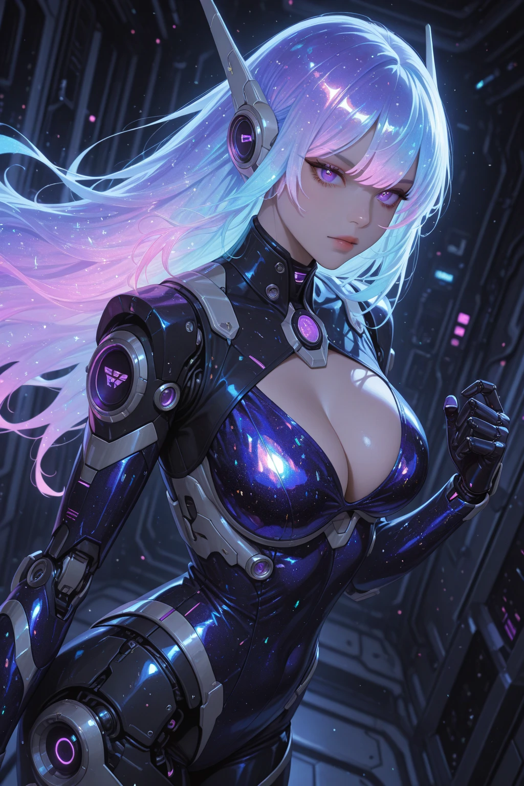 Sensual magnetic attraction, iridescent skin and hair that shines like stars, futuristic costumes that react to ambient light, creating pulsating light patterns.
(best quality,4k,8k,highres,masterpiece:1.2),ultra-detailed,(realistic,photorealistic,photo-realistic:1.37),HDR,UHD,studio lighting,ultra-fine painting,sharp focus,physically-based rendering,extreme detail description,professional,vivid colors,bokeh,portraits,sci-fi,modern fashion,interactive light display,glowing patterns,complex futuristic design,beautifully curved lines,colorful visual effects,mirror-like reflections,ethereal atmosphere,delicate facial features,intricate body tattoos,elegant hairstyles,illuminated surroundings,innovative technology,translucent garments,alluring poses.