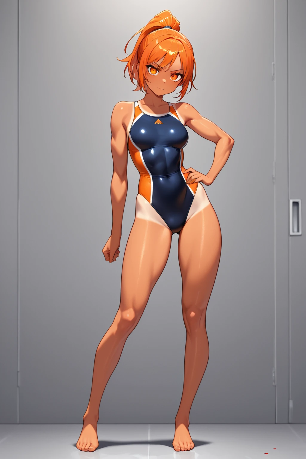 1woman, tan, tanned skin, swimsuit, V-shaped swimsuit, tiny swimsuit, revealing too much skin, exposing navel, no underwear except for ultra-thin V-front micro plunge., ((Only ultra-thin V-front micro plunge)), ((Only black ultra-thin V-front micro plunge))