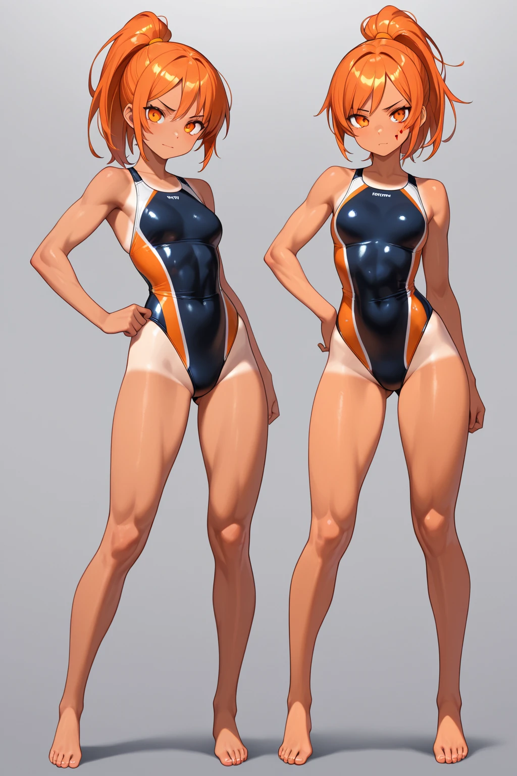 ((Best Quality)), ((Masterpiece)), ((Realistic)) 19 year old, redhead girl, shoulder length hair, relaxed happy face ((slender)) (busty), ((( cheongsam turquoise one piece swimsuit ))) ((sexy )) corkscrew hairstyle (((detailed character sheet, frontal view, side view, three quarter view))) (((white background))) 6 and a half heads full body