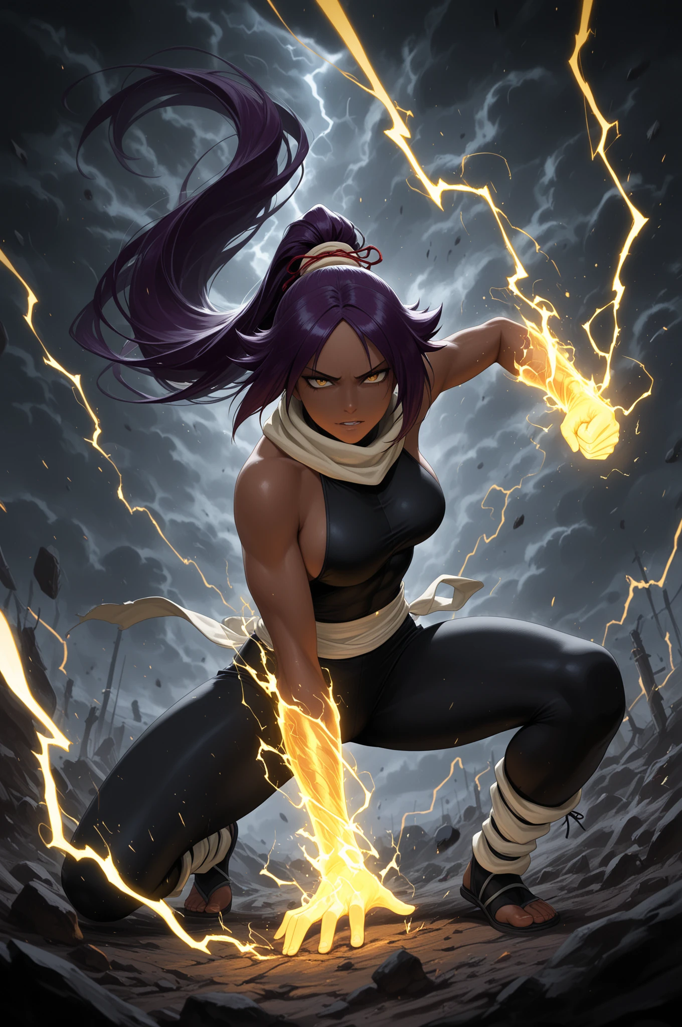 upper body, facing forward, 1gril, african woman, black hair with afro, mulatto skin color, green eyes, (Naruto style ninja), big chest, scarf, wallpaper, magic circle background, particles of light, green fire, emanating radiant light, smiling, realistic