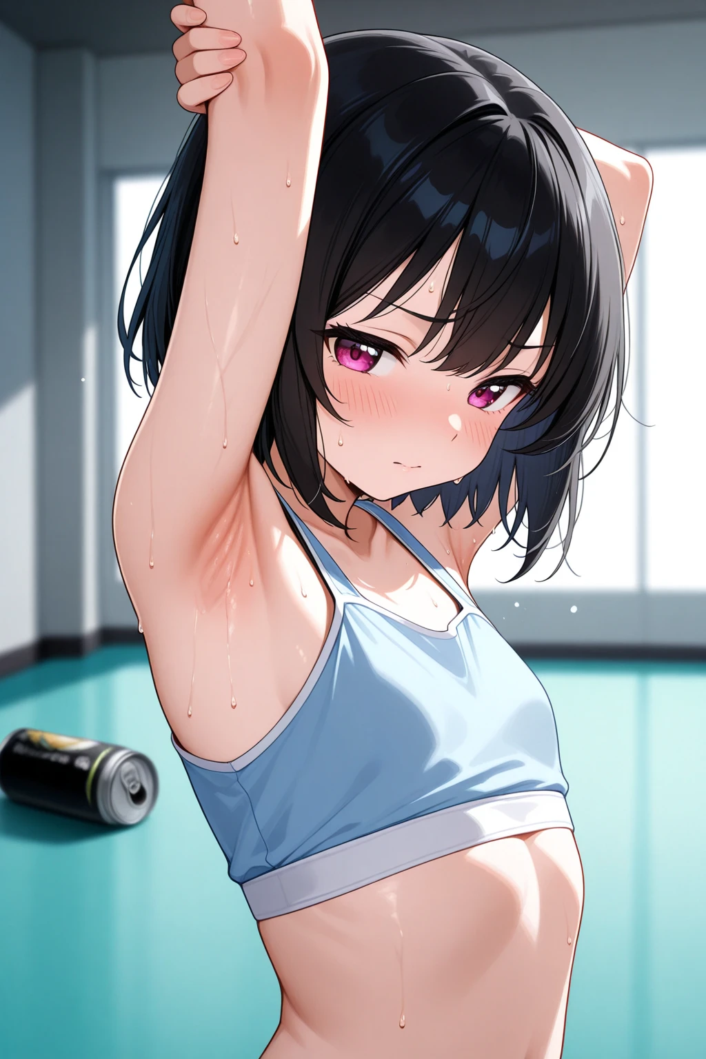 Injured Japanese female high school mixed martial artist during a match in the ring。Short black hair。Taking a fighting pose、Glaring at someone。A regretful look。One eye closed。Out of breath。Drooling from the mouth。Drenched in sweat。A well-trained body。Six Pack Abs。Small breasts。Erect nipples。White and pink sports bra、Bikini Shorts。Open Finger Gloves。