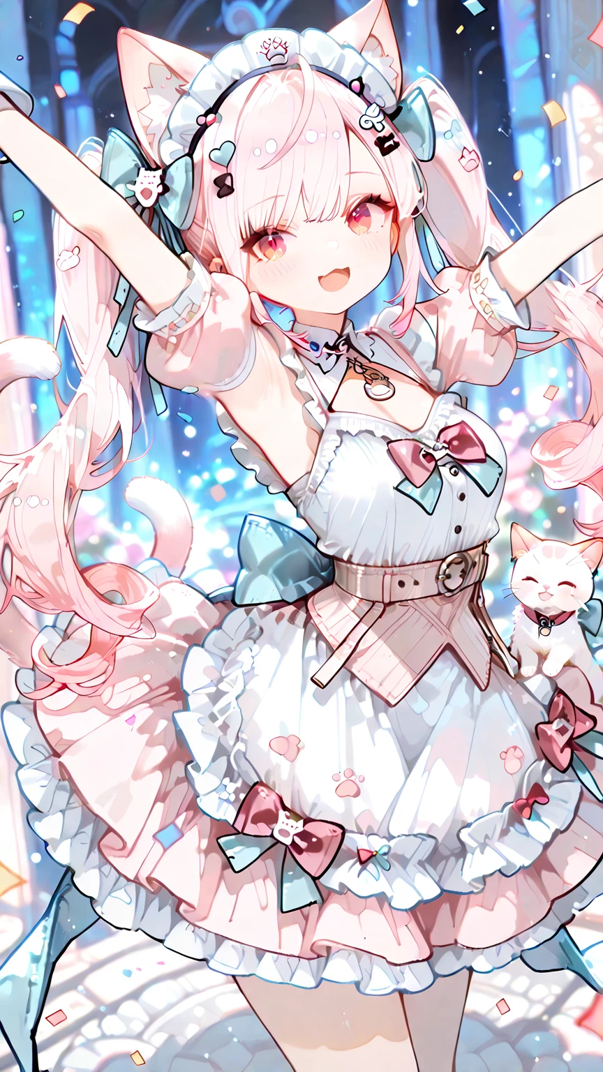 masterpiece, depth of field, ima_AI123Style /k.s†
Yūki Sakuna, a vibrant catgirl with voluminous pink twin tails that bounce energetically. Her expressive red eyes glow with fierce determination, and her fluffy white cat ears twitch playfully atop her head. She has a well-defined, mature feminine figure with a prominent chest and graceful curves, giving her a more grown-up, charming presence. Surrounded by a flurry of cute chaos—colorful confetti, floating ribbons, and magical trinkets—she wears a frilly pastel outfit adorned with tiny bells and paw motifs, tailored to accentuate her figure. She stands in a dynamic, heroic pose with one arm raised high, gripping a shining sword pointed confidently toward the sky. Her other arm is bent at her side, and her long tail curls behind her in an energetic arc. The lively, slightly blurred background captures the joyful movement of a bustling, light-filled space.