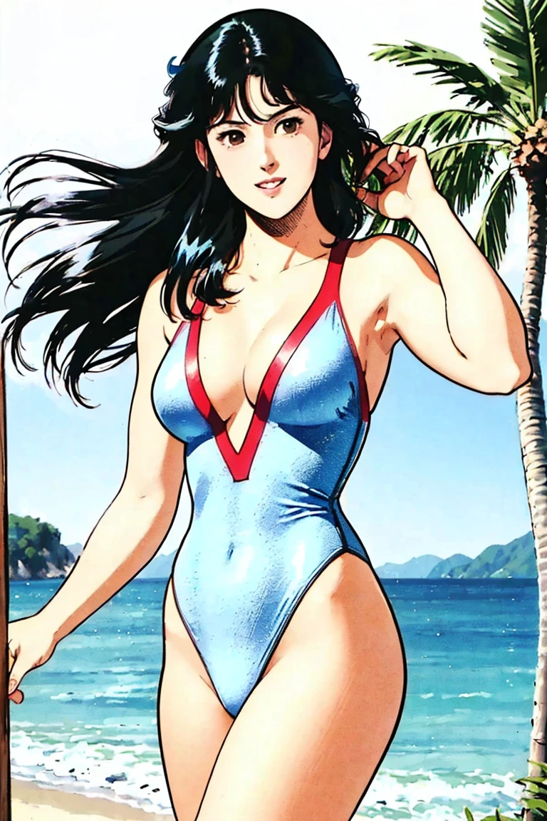 Silvestri, psylocke, 1girl, solo, long hair, breasts, black hair, blue swimsuit, narrow eyes, ass, water, arms up, lips, one-piece swimsuit, sideboob, makeup, alternate hairstyle, lipstick, wading, hair down, <lora:Marc_Silvestri-11:.75>