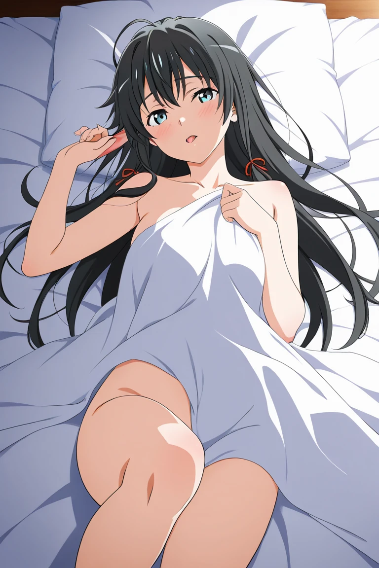 1girl, master_nemesis, to love-ru darkness, black hair, very long hair, yellow eyes, dark skin, hair ribbon, smug, nightgown, small breasts, straight hair, laying on bed, 
score_9, score_8_up, score_7_up, source_anime, very aesthetic, absurdres, rating explicit,  <lora:master_nemesis_ponyv6:1>,   anime screencap, anime coloring, yabuki kentarou,