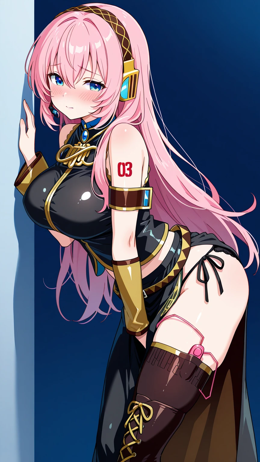 Masterpiece, highres, high quality, detailed face, render detailed body, 1girl, solo, big breasts, big chest, pink lips, school uniform, no bra, breasts out, nipple, standing, blushes, (in the bedroom) philuffy aingran, huge boobs