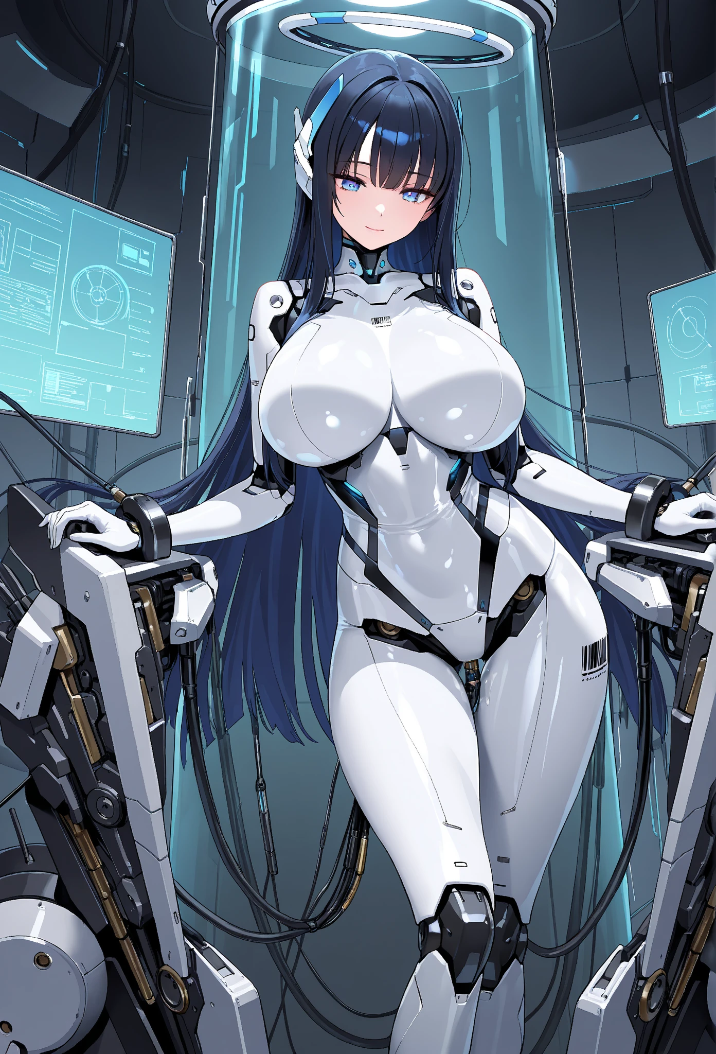 ((Masterpiece, Best Quality)), blue hair, cat tail, Green eyes, White armor, smiles, happy, Sexy pose, thicc, big breasts, big ass, illustration, ultra-detailed 8K, realistic, clear focus, highly detailed, professional lighting, colorful details, colors BREAK factory super long shot, (1 large mechanical robot), microchip, computer, luminescence, intricate details, shitu-mecha, 1girl downscale standing in front of the viewer, navel, in the bed.