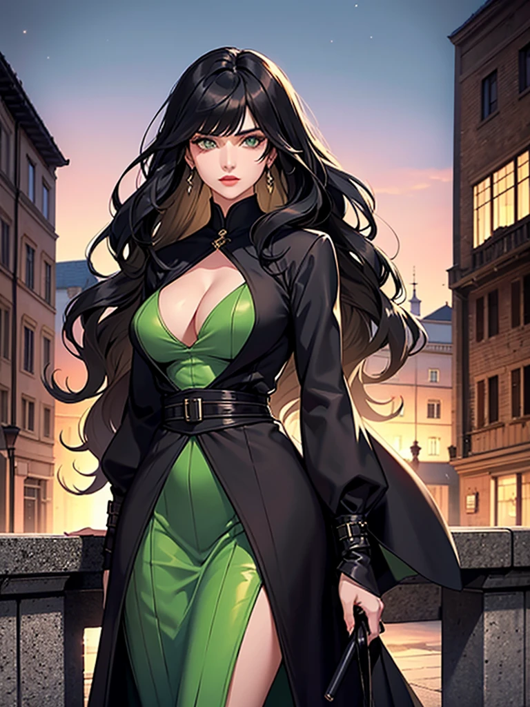 Tall beautiful woman with black hair and green eyes very realistic and detailed
