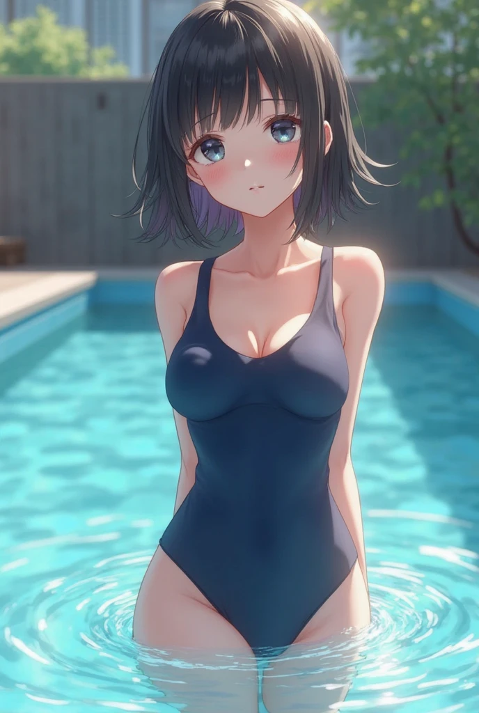 muste piece,masterpiece,highest quality,Super detailed high resolution,8K portrait,Unity,8k壁紙のHigh definitionCG,portrait photography,shiny skin,High definition,(16 years old:1.3),(1 girl),beautiful clear eyes,extremely detailed description,delicate face,nice lips,slender body,thin waist,thin legs,(Poolside:1.6),cute type,perfect face,seriously,(blush:1.5),(cute:1.5),(black hair bun hair:1.3),((medium breasts:1.3)),(navy blue school swimsuit:1.3),(I have nipples:1.2),((climax in vagina:1.5)),(spread legs:1.5),(pussy:1.5),((leaning forward:1.5))
