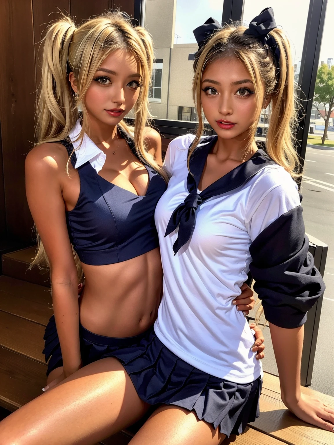 ((Two people high school girl:2)),((Two people:2)),Dynamic Angle, Perfect body, night,moonlight,Exterior lights,Gal, (Anatomically correct:1.5),masterpiece, Highest quality, RAW Photos, Realistic, face,, Beautiful girls, cute, Written boundary depth, High resolution, Super detailed, detailed, ighly detailedd, Extremely detailed eye and realistic student, Pale, tanned skin,Two peopleで,woman,(panties), (Short-sleeved sailor uniform:1.2),Spread your  , ((Sensual;1.5)), Glamour, Big Breasts,Sunburn marks on tanned skin,Pink Hair,blonde,Platinum Hair,Brown Hair,orange,Wavy Hair,Shortcuts,Pixie Cut,Cosplay,building,intersection,stage,Pedestrian bridge,vending machine,night,深night,Blurred Background:1.2,White panties,Pink panties,Yellow panties,Black panties,GirlTwo people,Two people high school girl,