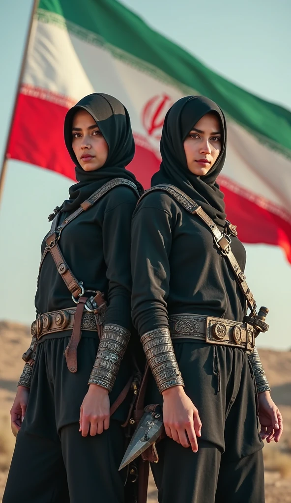 Jeunes femmes orientale uniforme militaire complet, drapeau de la palestine, des armes avec elles, paysage oriental, They have spears and swords, tenue de combat