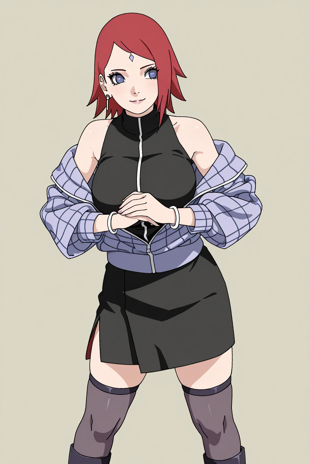 Chica pecho grandes sexy y cabello dos cola naranja puesto un brasier negro muestra ombligo y falda militar larga y pies trae puesto zapato ninjas y ojos Sharingan fuego verde