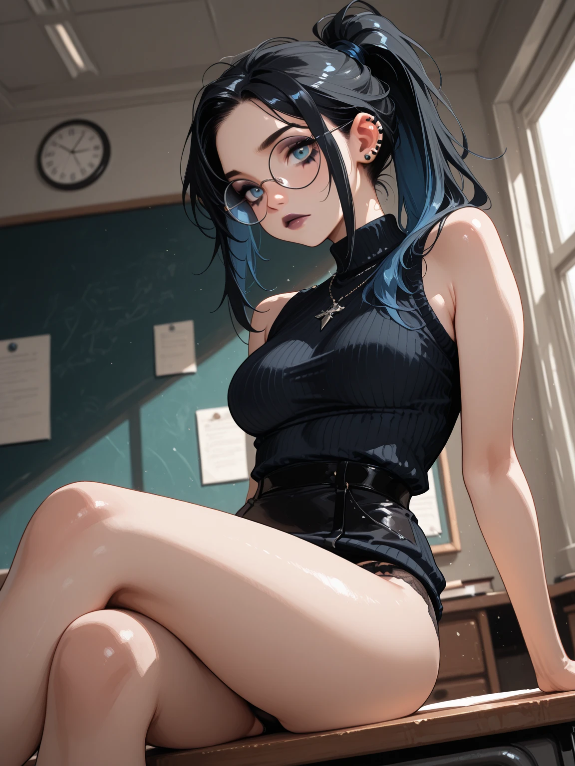 (((masterpiece))) Sae Niijima Possessed by Perverted man, fit body, in a creepy room, messy room, sitting on floor, leg crossed, yawning, open mouth, being a Neet, messy hair, unkept hygiene, open leg, one hand rubbing hair, naked, eye half closed, lazy