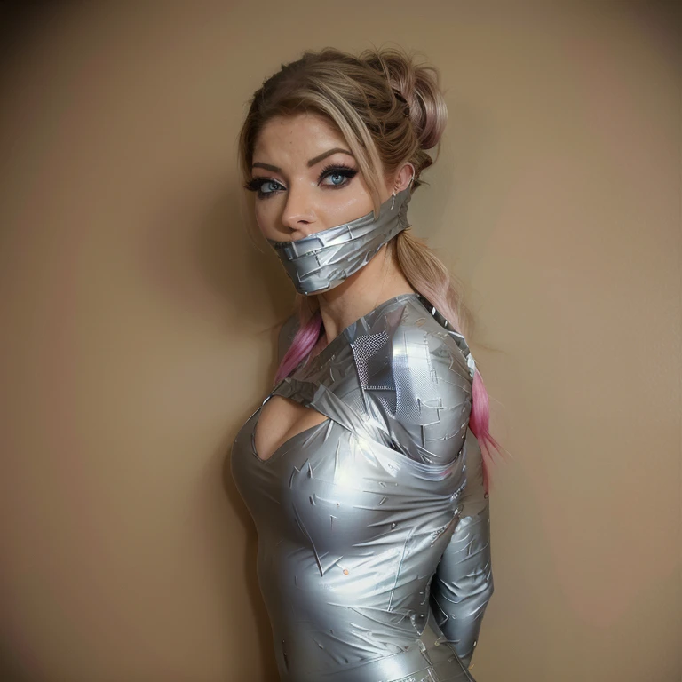 Really tight tape gagged rapped around head, Pretty woman, arms tied behind back.