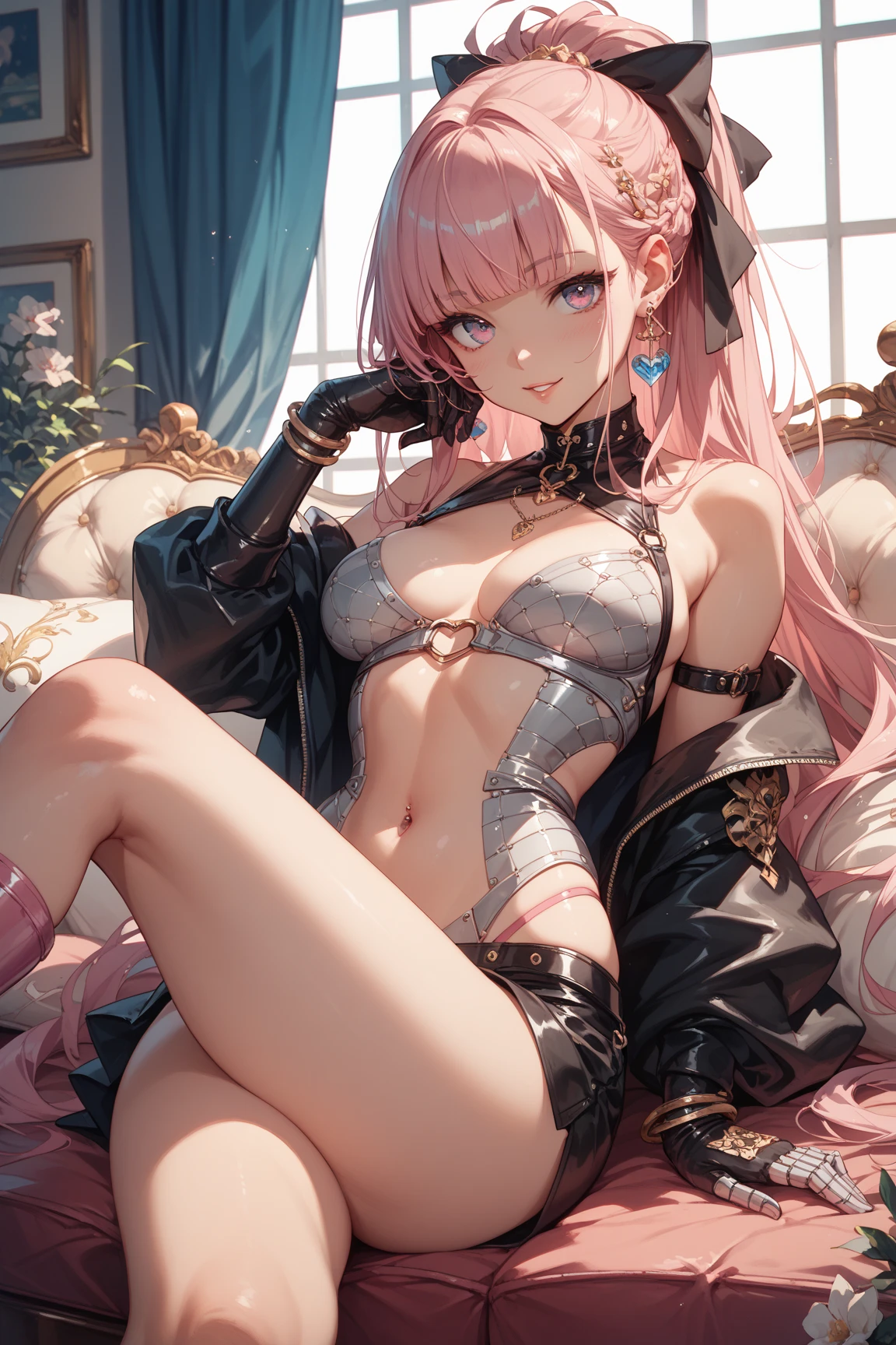 ((best quality)), ((masterpiece)), (detailed), perfect face,1woman,full body,laying on couch,looking at viewer,mischievous,thick eyeliner,long hair lavender coloured,pig tails,very long pointy ears,wearing black lingerie, black puffer jacket,big breasts,thick thighs,backstage room