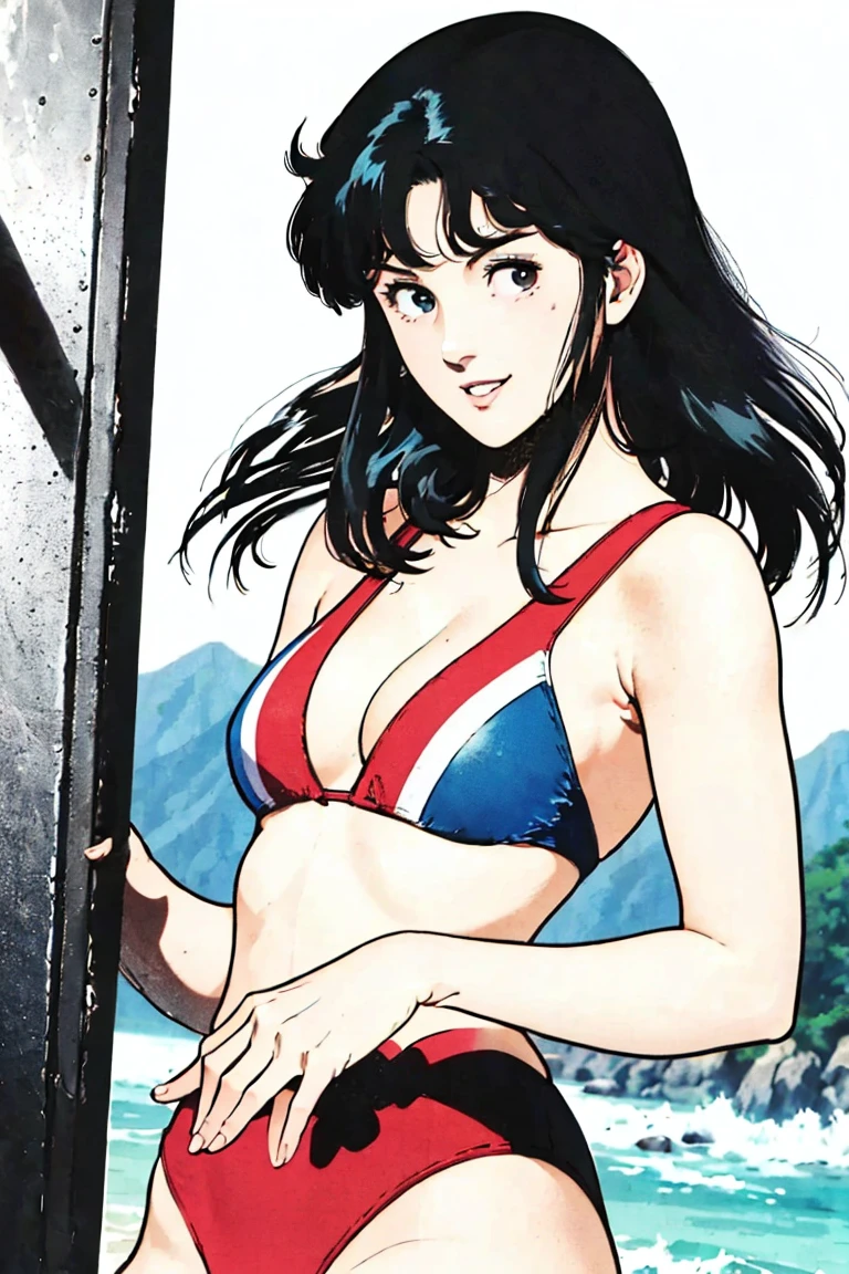 (((asakura minami:1.3))),((masterpiece)),((highest quality)),Super detailed,(thin entire outline),enlightenment,explicit,((1girl,solo)),black hair,medium hair,black eyes,small nose,perfect body,beautiful body,beautiful character design,perfect eyes,perfect face,pov,((happy smile)),small open mouth,(enjoy,having fun:1.2),entp,perspiration,wallpaper,ultra high resolution,8k,photo shoot,(beautiful large breast:1.2),beautiful legs,perfect feet,beautiful skin,fair skin,smooth skin,official style,official art,make a screen cap,outdoor,(summer beach),sunshine,bright lighting,white bikini,(extremely micro small bikinis:1.2),protruding nipples,red cheeks,((camel toes:1.2)),on beach chair,wide spread legs,(peace sign:1.2),