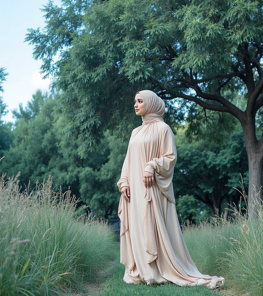 hijabi, Best quality, masterpiece, ultra high res, (photorealistic:1.4), raw photo, 1girl, batik dress, framing by flower field, glowing skin, light smile, low angel, pose as pro 