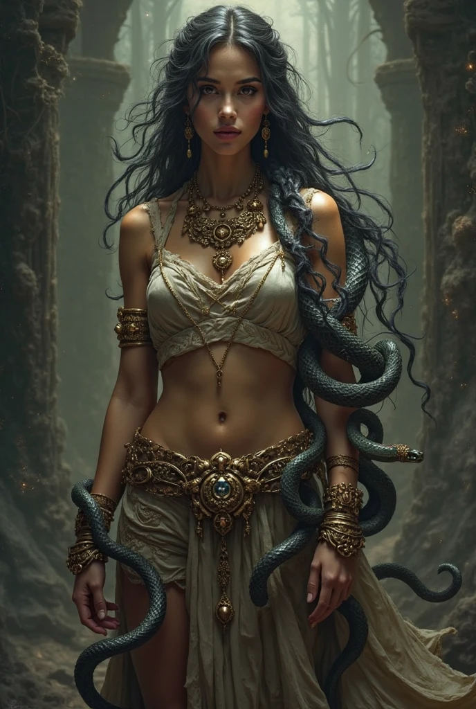 “Draw Medusa from Greek mythology based on her classical description. Portray a woman of unearthly beauty with a pale face, chiseled features and piercing eyes. Seu cabelo deve ser composto por serpentes vivas e venenosas, variando em tamanho e cor, com escamas reluzentes e olhos sinistros. Vista-a com uma veste que lembra uma armadura feita de escamas de serpentes. It has sharp claws on its hands and membranous wings on its back.. Make sure you capture the mischievous expression in his smile, while maintaining a menacing, petrifying look in his eyes. Convey your fearsome and terrifying nature in every detail.