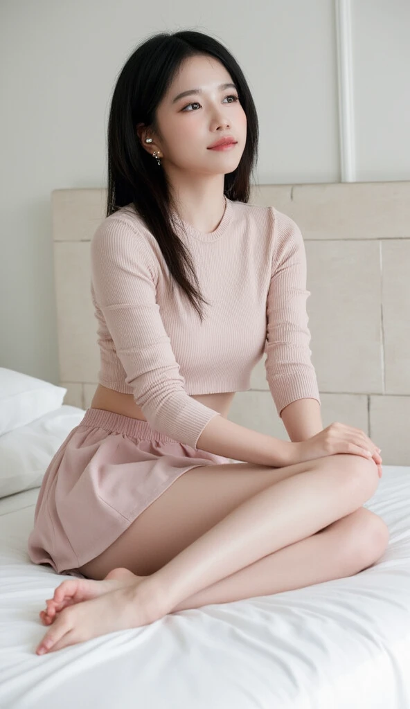 ((Best quality at best)), ((tmasterpiece)), (the detail:1.4), morden style,Gentle girl,(Short hair details,tying hair),messy hair,pyjamas,leisure wear,鎖骨,nail art,lazy girl,pillow head,short skirt,pyjamas,What about the lattice,corduroy skirt,black tea soft light,Gradient eyes,ssmile,White stockings,slippers,Full body like,ultra-realistic realism,high detal,romanticism lain, 电影灯光, Sparkling, reflective light, tmasterpiece, super detailing, textureskin, Anatomical correct, high detal, Best quality at best, high high quality,Award-winning、8K
