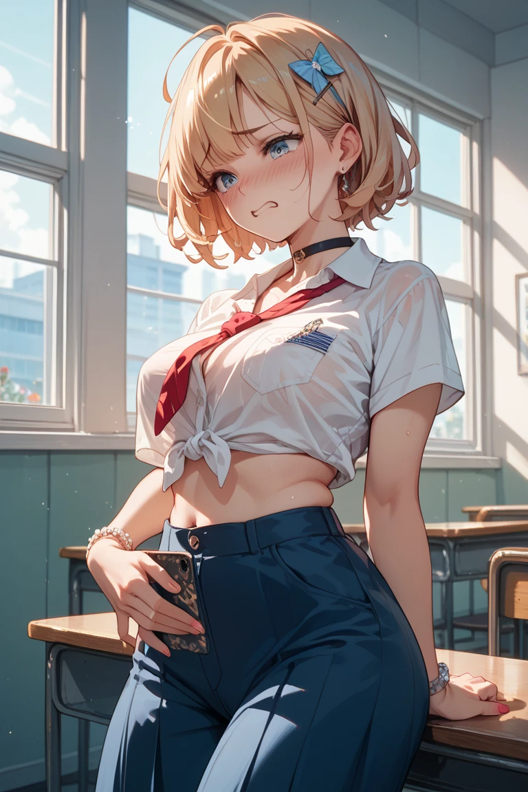 Dynamic posing, dynamic angle, Arrange pose,Top quality work, (short golden hair),(golden eyes), Rose cheeks, Pretty Face, A perfectly proportioned face, school shirt with red bow and black skirt, (school uniform), white stockings，in classroom， amazing, Large round chest、Beautiful eye details、Beautiful eyelashes、beautiful double eyelid, with blush cheeks,