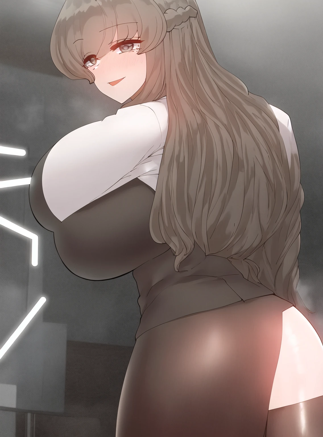 Goth muscular adult woman with little breasts and a lot of ass wearing shorts and a black shirt with brown wavy hair with a red streak, facing forward