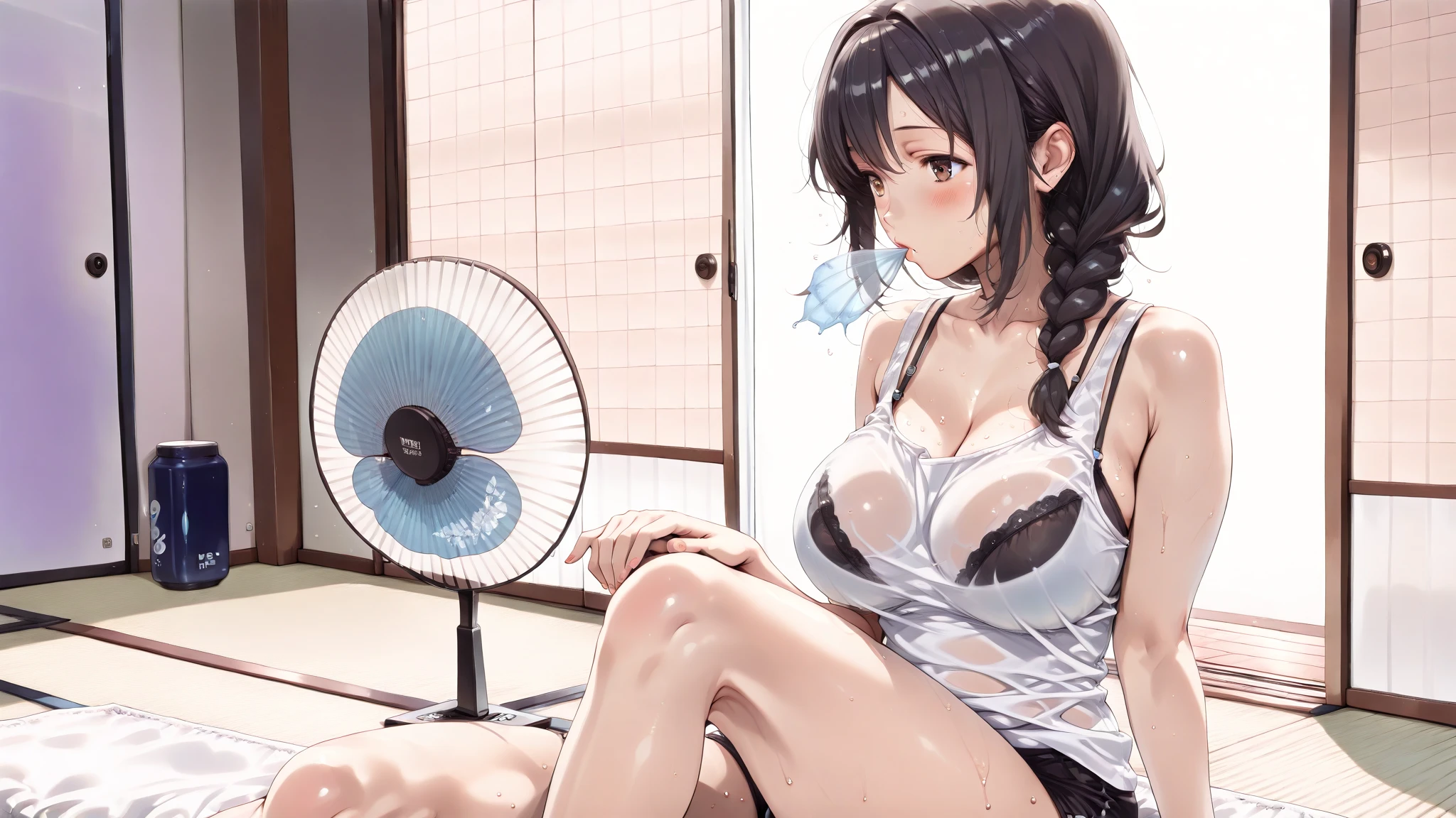 score_9,score_8_up,score_7_up,masterpiece,best quality, source anime, realistic, super detailed, extreme detailed, rating_safe,
1girl, all fours, from front,  (against electric fan:1.2), (wind:1.2), (floating hair:1.3), 
BREAK girl, 22yo, short hair, bob cut, (blunt bangs), black hair, (tareme, detailed cute brown eyes), curled eyelashes, (large breasts:0.9),
shiny hair, beautiful detailed eyes, beautiful face,
white collared shirt, black tight mini skirt, cleavage, bra peek, (sweat),
blush, half-closed eyes, frown, open mouth, wavy mouth, (tongue out:1.2),
indoors, summer, Japanese room, tatami,