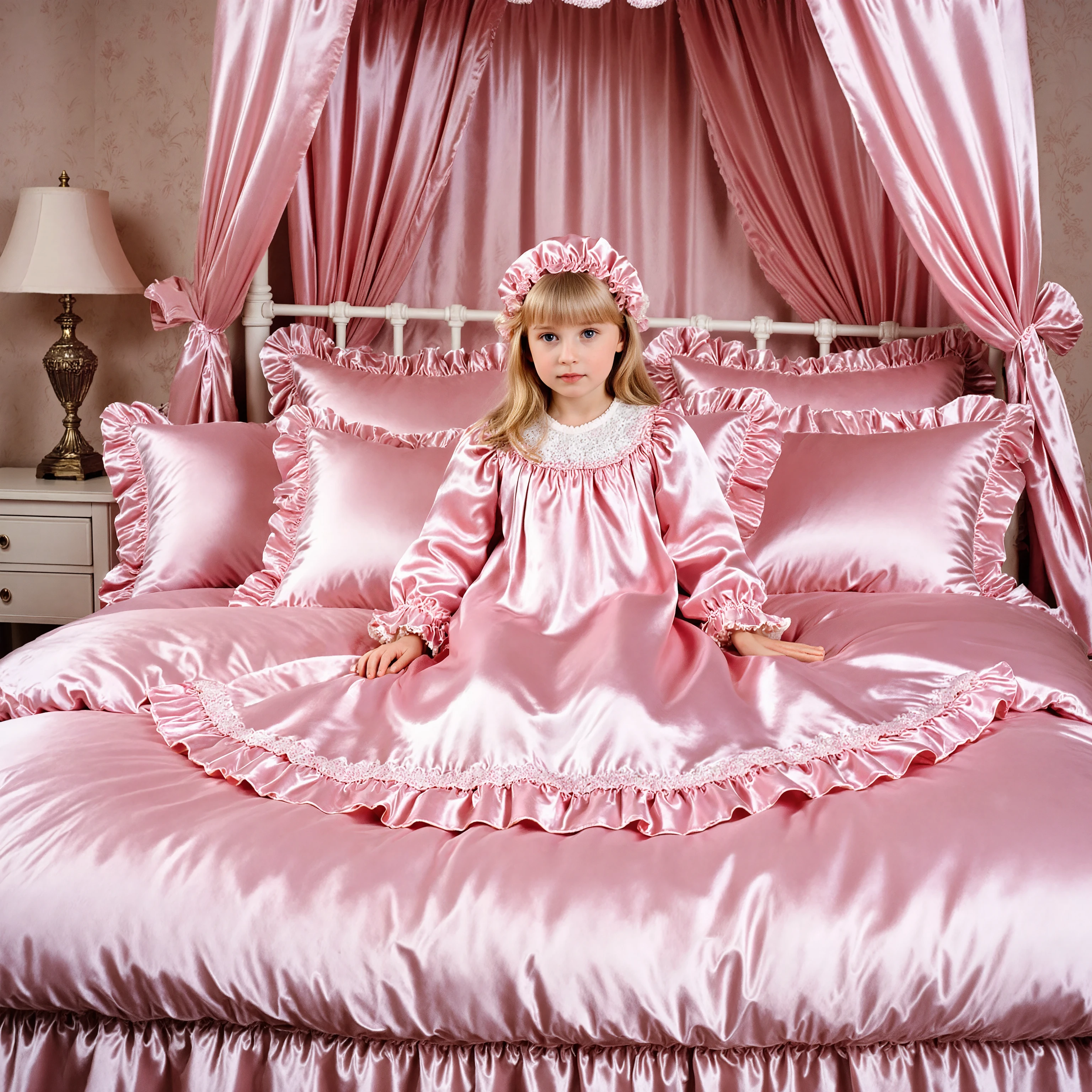 ((Wide view,far view:2.0)),((A American little girl on the bed,blond long hair,ten years old,plump quilted pink silk satin nightgown,frilled mobcap:1.5)),long sleeves,frilled sleeves,a bed with a mountain of pink silk satin pillows,((sissy pink canopy bed,king size bed,more big bed:2.0)),lot of frilled pillows,more pillows,(( A plump qulited pink silk satin duvet and pillows:2.0)),ruffles lace silk.retro white pipe bed frame, A large silk satin ruffled duvet covers the entire bed,