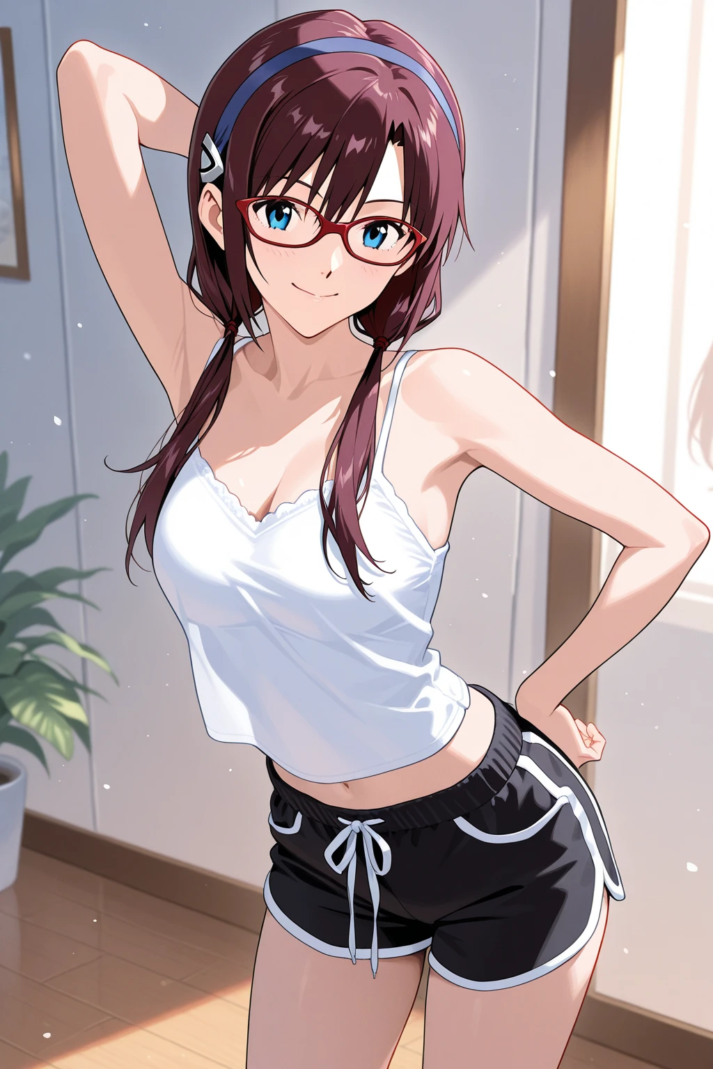 Highest quality, masterpiece, High resolution, (alone), {full moon_Fleet Collection:1.15}, Long Hair, Brown Hair, Glasses, brown_eye, red-framed_Glasses, semi-rimless_Glasses, Crescent Moon, black_Seraphim, blush, Under Rim_Glasses, One girl, Closed_eye, Open_mouth, School_uniform, (indoor, office, living room), , blackスカート, smile, (Petite),((nsfw)), Flat Chest, (panties), (Sports bra),