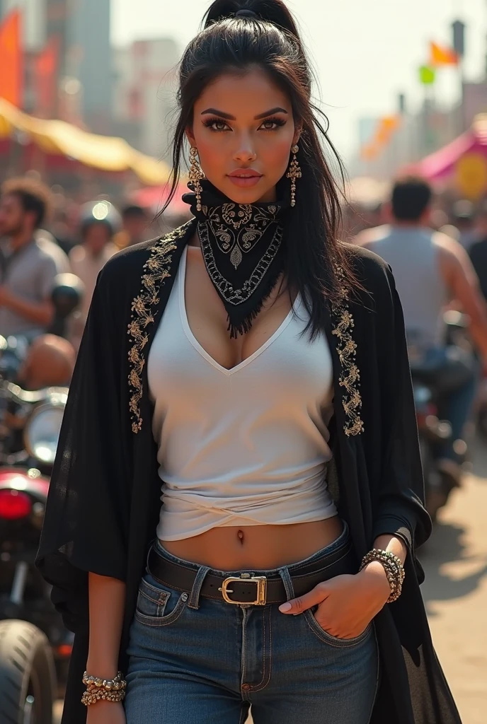 {Ana de Armas}, (Long ponytail hair with black bangs and slightly messy),, (olhos verdes, olhos altamente detalhado e brilhante), (full lips with dark lipstick), (perfect symmetrical body, cintura fina, quadril largo, magra), (facing away from the camera, usando um short curto, jaqueta jeans), imagem altamente detalhada, alta qualidade, 16K, Altamente hiper realista.
