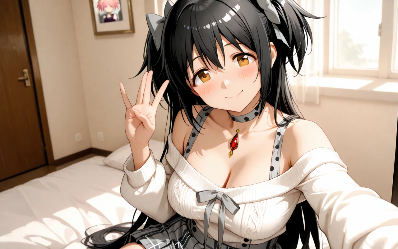 One Woman、Cute Woman、Thighs、Best image quality、High resolution、masterpiece、super high quality、Spread your legs、White luxury bra、polka dot panties、I can see her panties、Big Ass、Big 、Blushing、4K quality、Blushing、Displeased face、Wearing black stockings、bed、Spread your legs wide、Panty Shot、Sweaty all over、Heavy breathing、There&#39;s someone below、heart、Low - Angle、straddle my body
