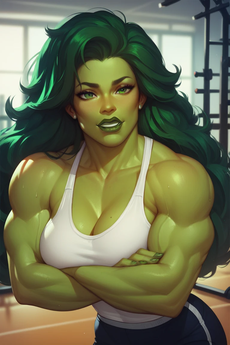 8k, best quality, beautiful muscular adult woman, very muscular, very tall, wide body frame, broad shoulders, long wild vivid green hair, tattered spandex, tearing own clothes off, nude, large breasts, sexy, sweat, large toned ass, wide frame, athletic, fit, flexing pose, mischievous grin, pale white skin, 8 feet tall, muscular thighs, shredded waist, glowing green eyes, beautiful, strong, TALL, hdr, black goth eyeliner, green eyes, matte black lipstick, muscle beach, outdoors, sunset