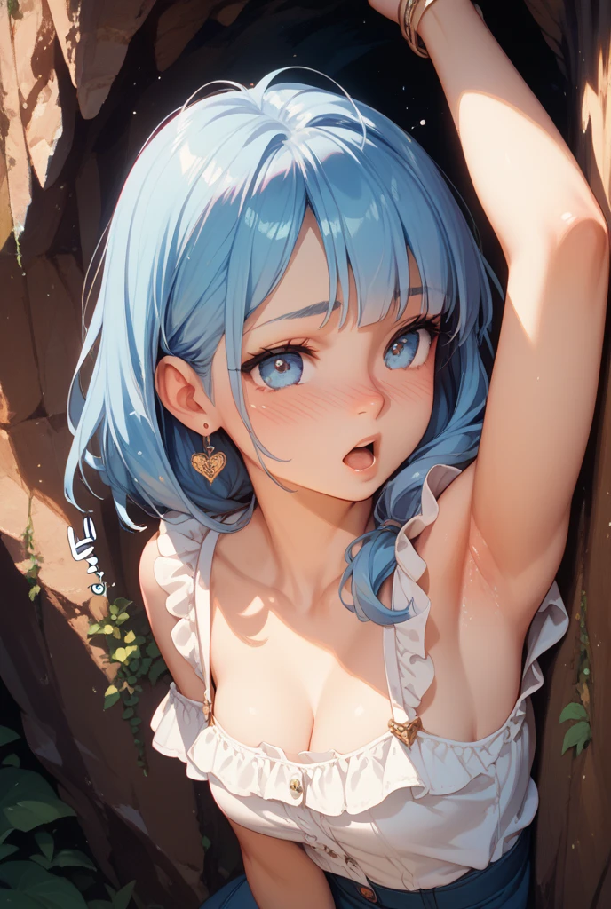 masterpiece, beautiful, 4k, detailed, intricate details, , shota, overalls, jean overalls, cuffed overall, long ponytail turquoise hair, ((??turquoise hair)), (((red eyes)), smile, slight smile, 1boy, young delicate prince, shirtless, overalls over skin, bare shoulders, bare sleeves, bare arms, facing forward, side cut, torso shown, leaning forward, flat chest,(nsfw:0.55), ((flat chested, flat stomach, baby face)), (intense colors)