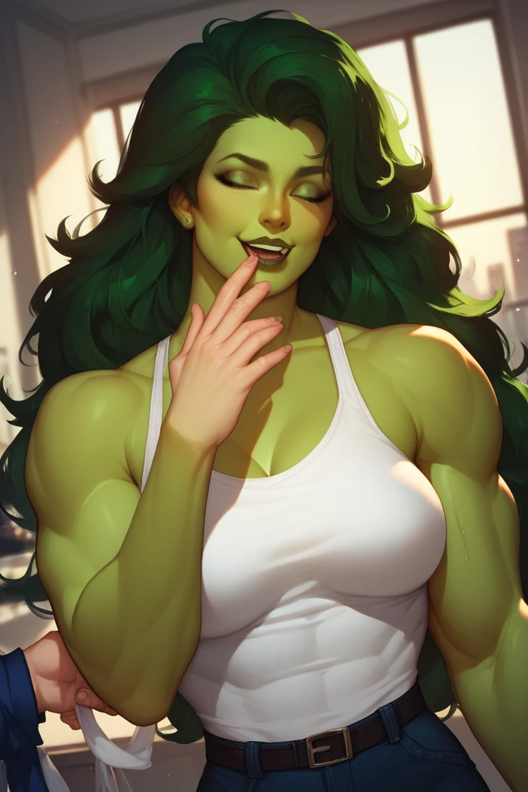 score_9, score_8_up, score_7_up, score_6_up, score_5_up, score_4_up, She-Hulk, after ?????????? after fellatio after oral, blush, cum cum bubble cum from nose cum in hair cum in mouth cum on face cum on tongue female hair heart open mouth ruined makeup tongue, ?????, ??? in breasts, solo, ??? on face, facial, Big breasts, ?????? piercing, looking at viewer, Bathroom, used ?????? on shoulder, muscular female,
