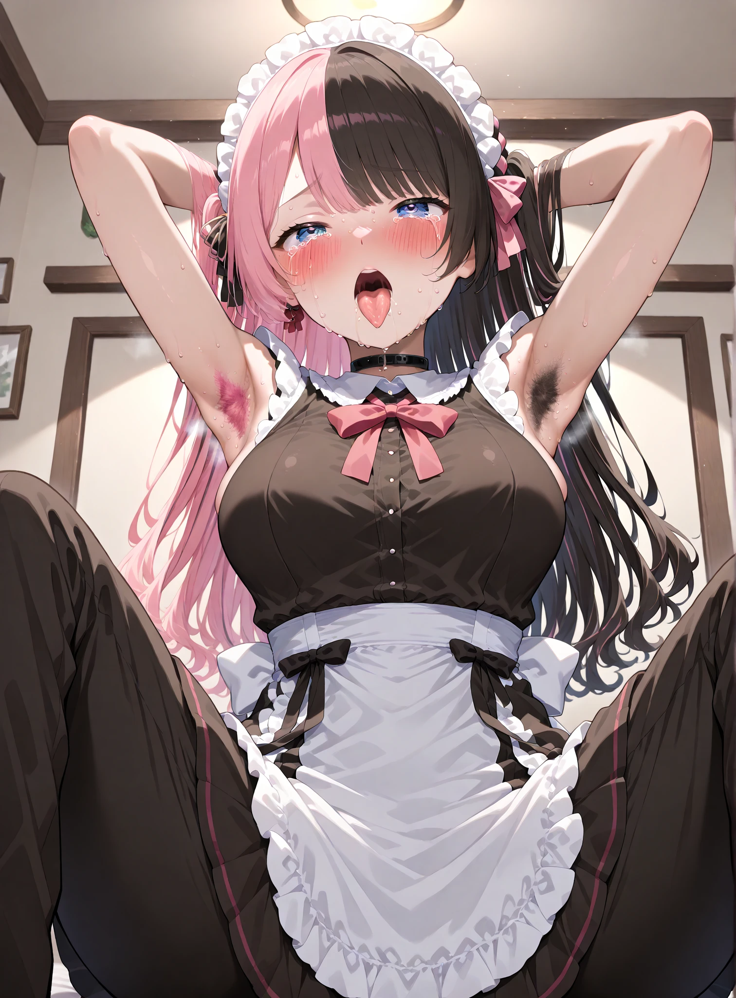 (best quality, masterpiece:1.2), illustrations, a cute girl, cute face, kawaii, early teens, very lovingly face, twintails, pink hair, small breasts, maid wear, BREAK (orgasm face, closed eyes, aroused, open mouth, gasp, blush cheeks, saliva trail:1.2), BREAK (female masturbation, sex toys, girl spread legs, pussy juice:1.4), indoor, bedroom, on the bed, (lying on back, from above:1.4),