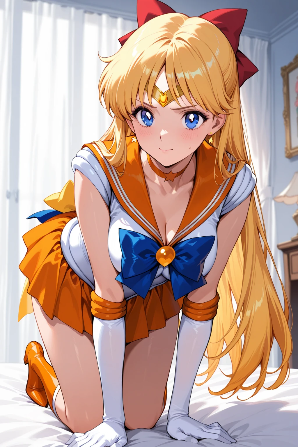 masterpiece, best quality, high resolution, high detail face, venus1, 1 girl, solo, sailor senshi uniform, sailor venus, aino minako, blonde hair, magical girl, blue eyes, orange skirt, elbow length gloves, tiara, pleated skirt, bow for hair, orange sailor necklace, mini skirt, choker, red bow, orange choker, white gloves, very long hair, jewelry, earrings, lying on her side on a bed, showing her ass, ass with a small white thong, very sexy nice ass, small breasts.