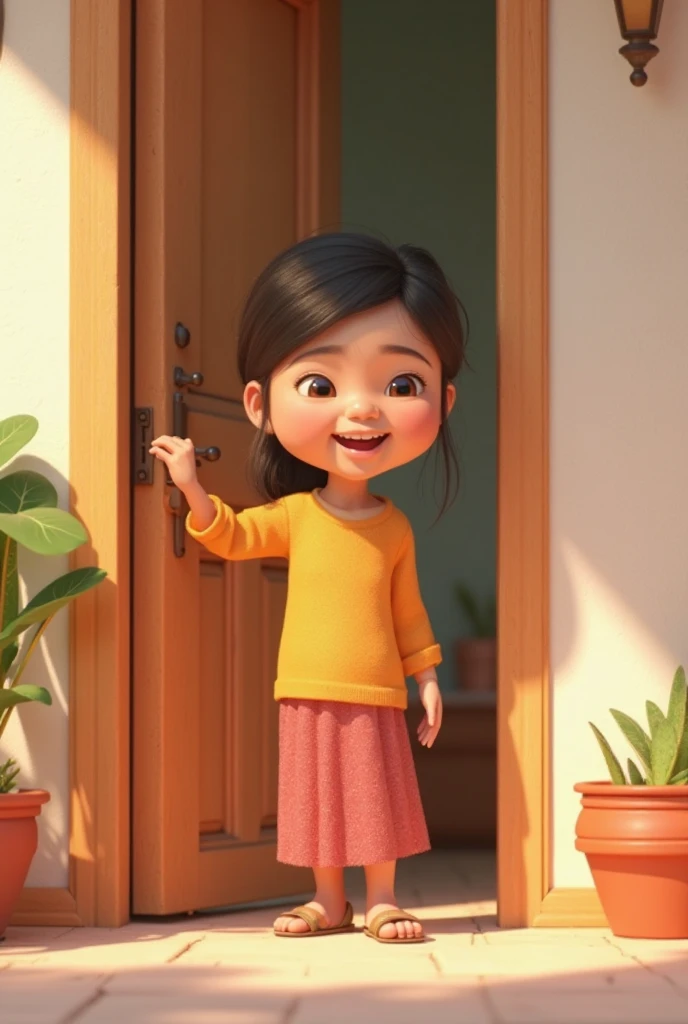 A girl standing in front a door close .The door brown colour .She wearing lpng black shirt and black long pants.she wearing tiny brown sling bag.smile on camera but can't see tooth.She has a long hair.3D donghua