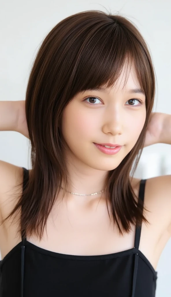 Japanese, short stature woman, physique, short arm, long slit eyes, fleeting atmosphere, 30 year old, brown bob hair, ((thin lips)), white top and bottom underwear, musterpiece, best quality, detailed skin, detailed face, detailed eyes, 8K, good anatomy, upper body portrait