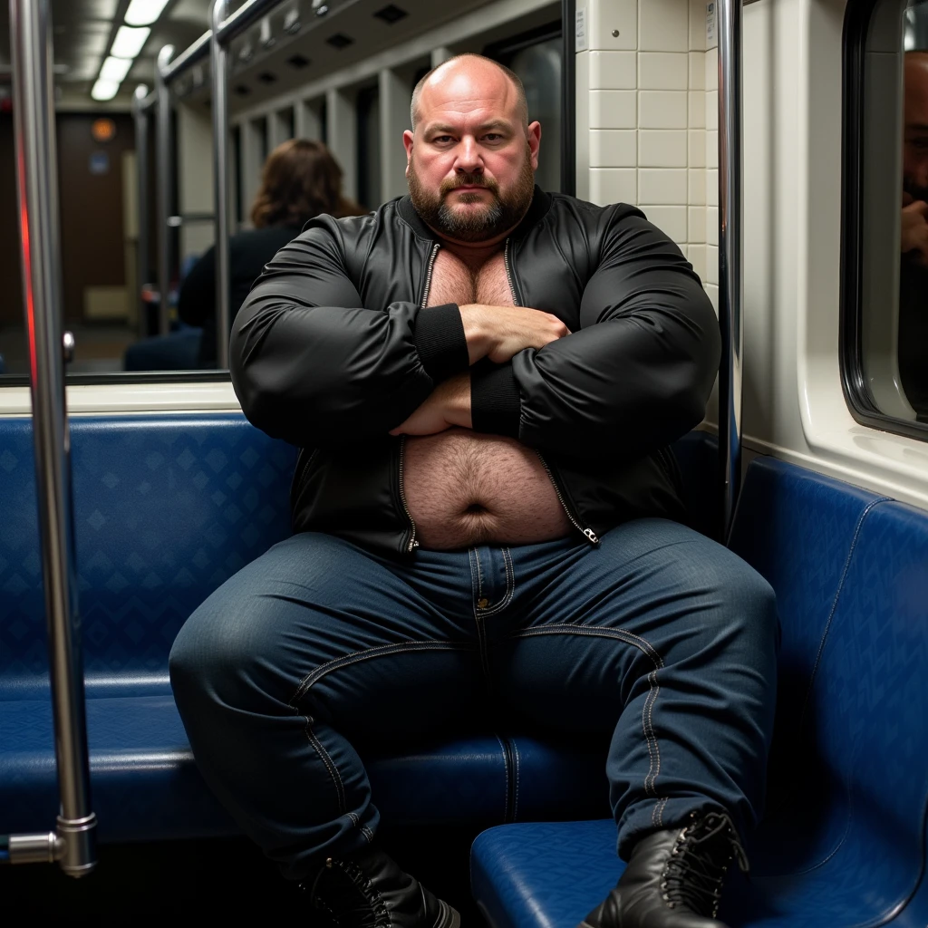 fat transvestite, sausage in his big ass, while another fat man masturbates in front of him, in a bus full of public