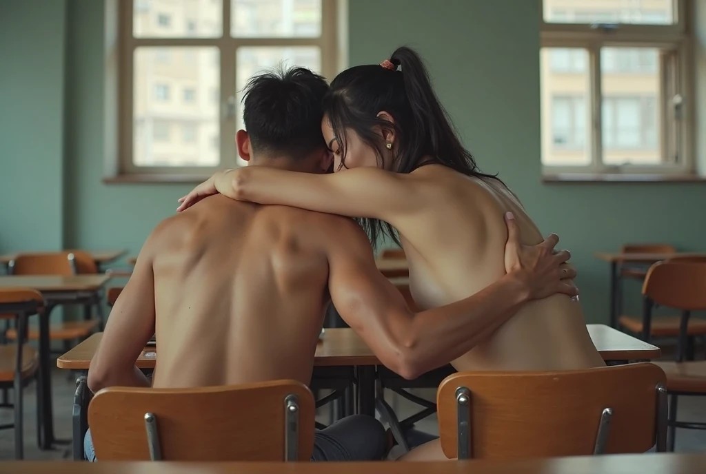 Create a virtual image In the teacher&#39;s room, a young woman, a thirty-five-year-old Thai-Chinese woman wearing glasses, Uncle Art, a fifty-year-old man with a naked body, took off his pants, his underwear was down to the end of his feet, no clothes, grabbed both of her legs and spread them up, put them on the armrests of the chair. The old man bent down, bent his legs between her legs, waiting to receive her without any clothes, but pressed his waist down again. Then grabbed her, turned her back, bent her body to face the old man, pushed his hips behind the old man, and bent his waist forward to kiss the young woman&#39;s back. The young woman looked up, her mouth agape, with her tongue sticking out. The same woman stood with her hands on the table, rocking her butt back, letting the old man stand and put his penis in her back. The old man stood close to the young woman&#39;s back.


