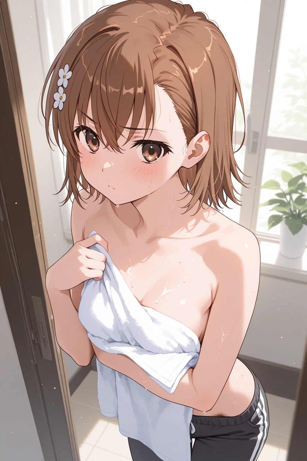 In this shot, a woman shows her body with her breasts fully ?????, nude, breasts, pubic hair, nipples, female pubic hair, large breasts, female (single), lifting clothes, lifting shirt, navel, undressing, shirt, Blush, sweat, bottomless, white shirt, short sleeves