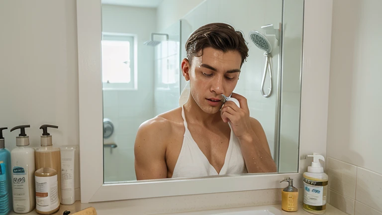 Man wiping his face with a towel。In front of the mirror in the bathroom。After washing your face。Upper body naked。Looking in the mirror