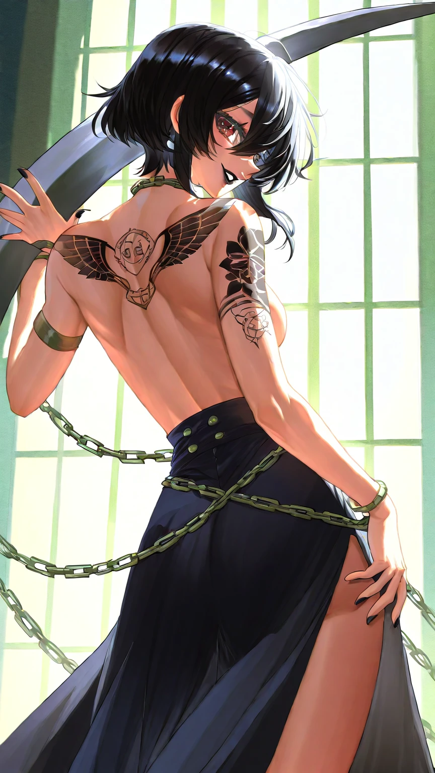 (masterpiece, Highest quality),juvenileの全身,(juvenile),teenager face,body tilt,Delicate large eyes,Open your eyes,,Smooth and delicate skin,Short, square face,Surprised expression,childhood,likeい年齢,Short round face,flat jaw,Detailed painted face,Muscular,short hair of bright black,Complex,naked,(spine:1.2),night,Bright colors,(Depth of written boundary:1.2),Raised to be sexy, Leather cuffs, bsdm gag, Bedroom, BDSM, Black Thong, like々Shii, underground, Dim lighting, dungeon BDSM room, background chain　Blue-green eyes　A teal bandana is visible on his forehead.　Side view　Kneeled